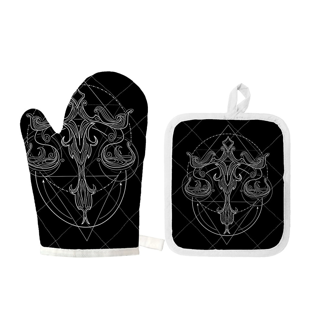 Black And White Libra Sign Print Oven Mitt And Pot Holder Set
