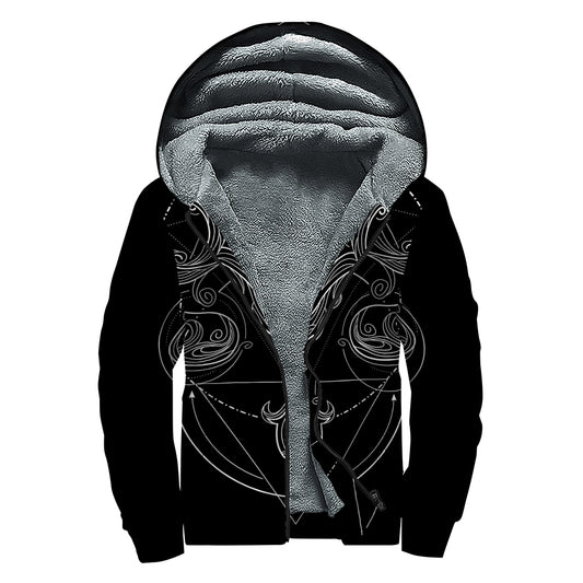 Black And White Libra Sign Print Sherpa Lined Zip Up Hoodie