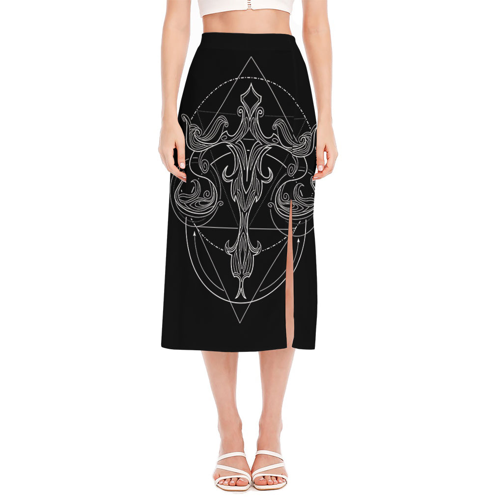 Black And White Libra Sign Print Side Slit Midi Skirt