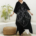 Black And White Libra Sign Print Silk V-Neck Kaftan Dress
