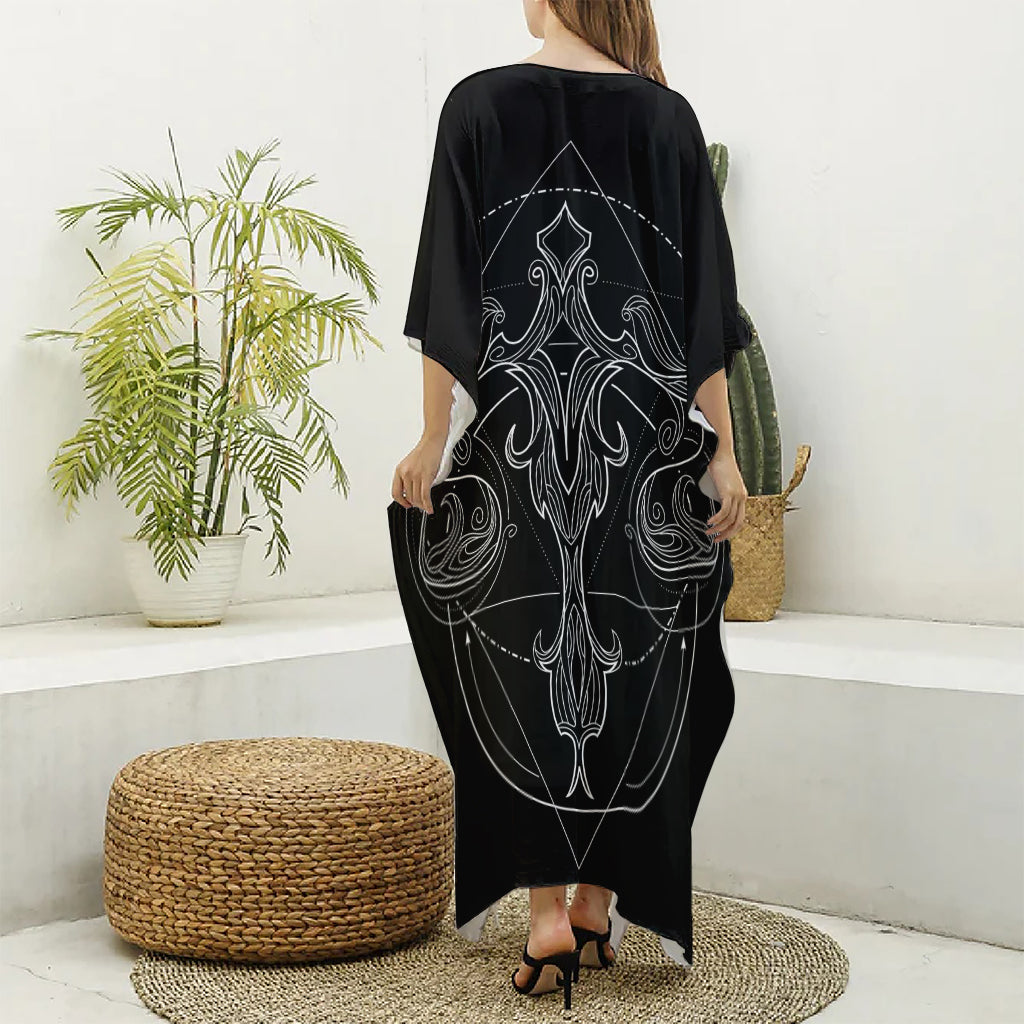 Black And White Libra Sign Print Silk V-Neck Kaftan Dress
