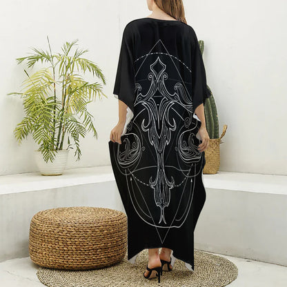 Black And White Libra Sign Print Silk V-Neck Kaftan Dress