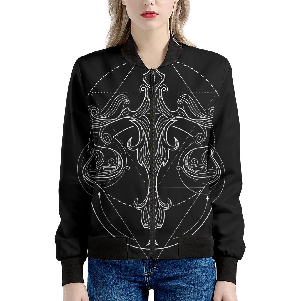 Black And White Libra Sign Print Women's Bomber Jacket