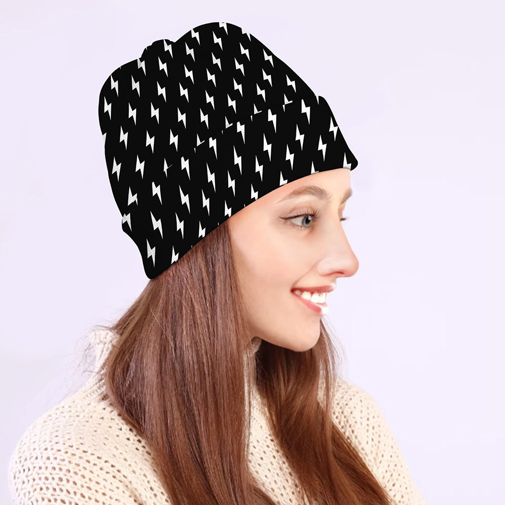 Black And White Lightning Pattern Print Beanie