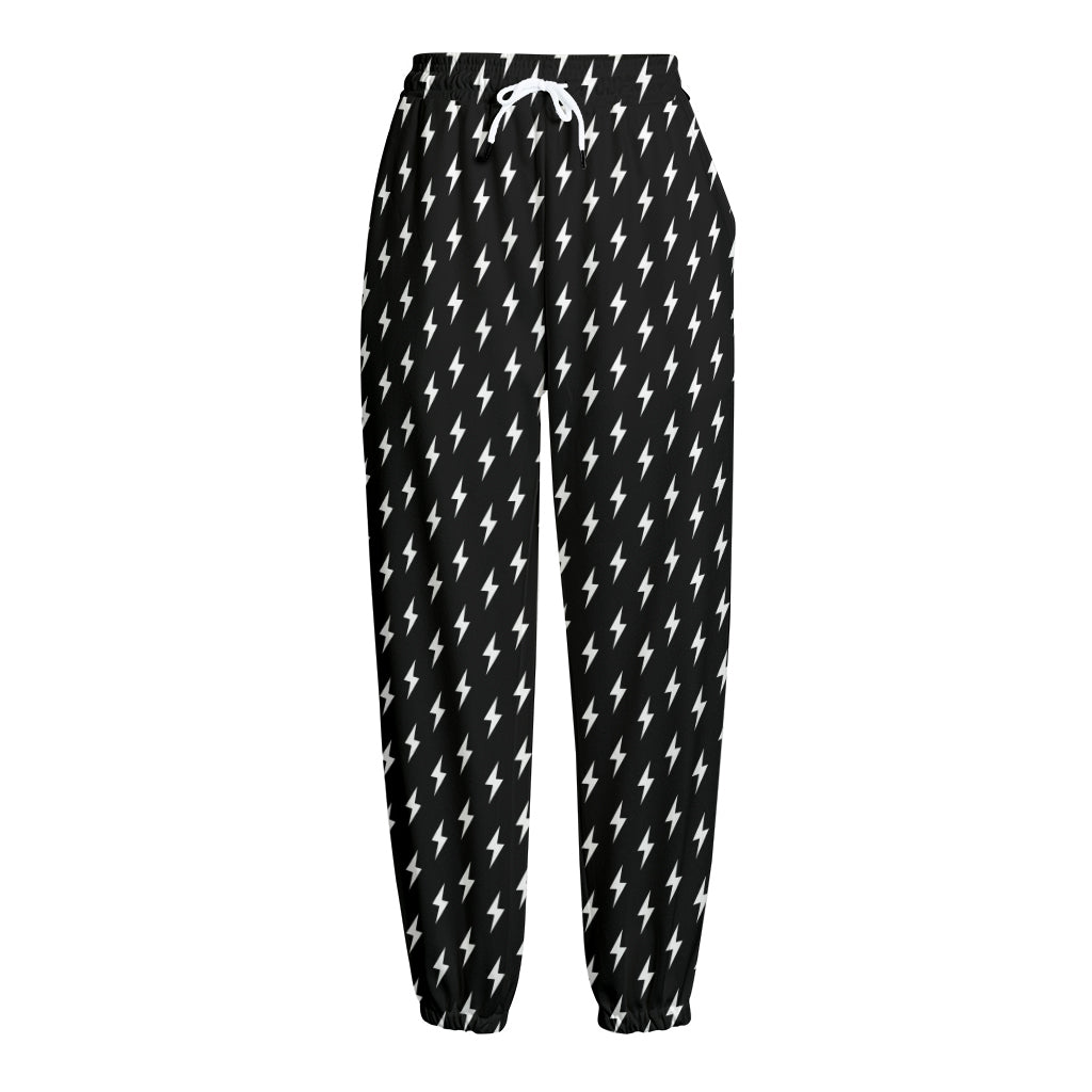 Black And White Lightning Pattern Print Fleece Lined Knit Pants