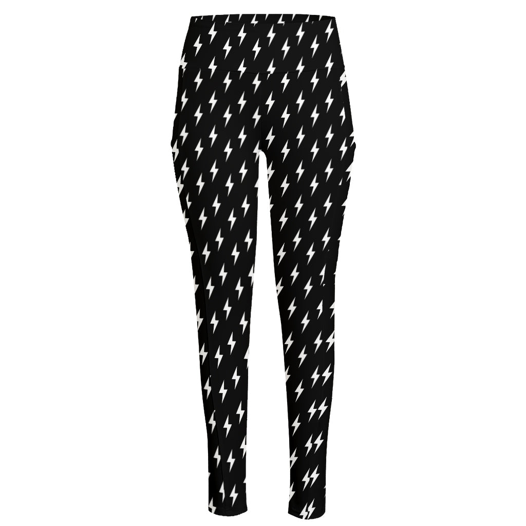 Black And White Lightning Pattern Print High-Waisted Pocket Leggings