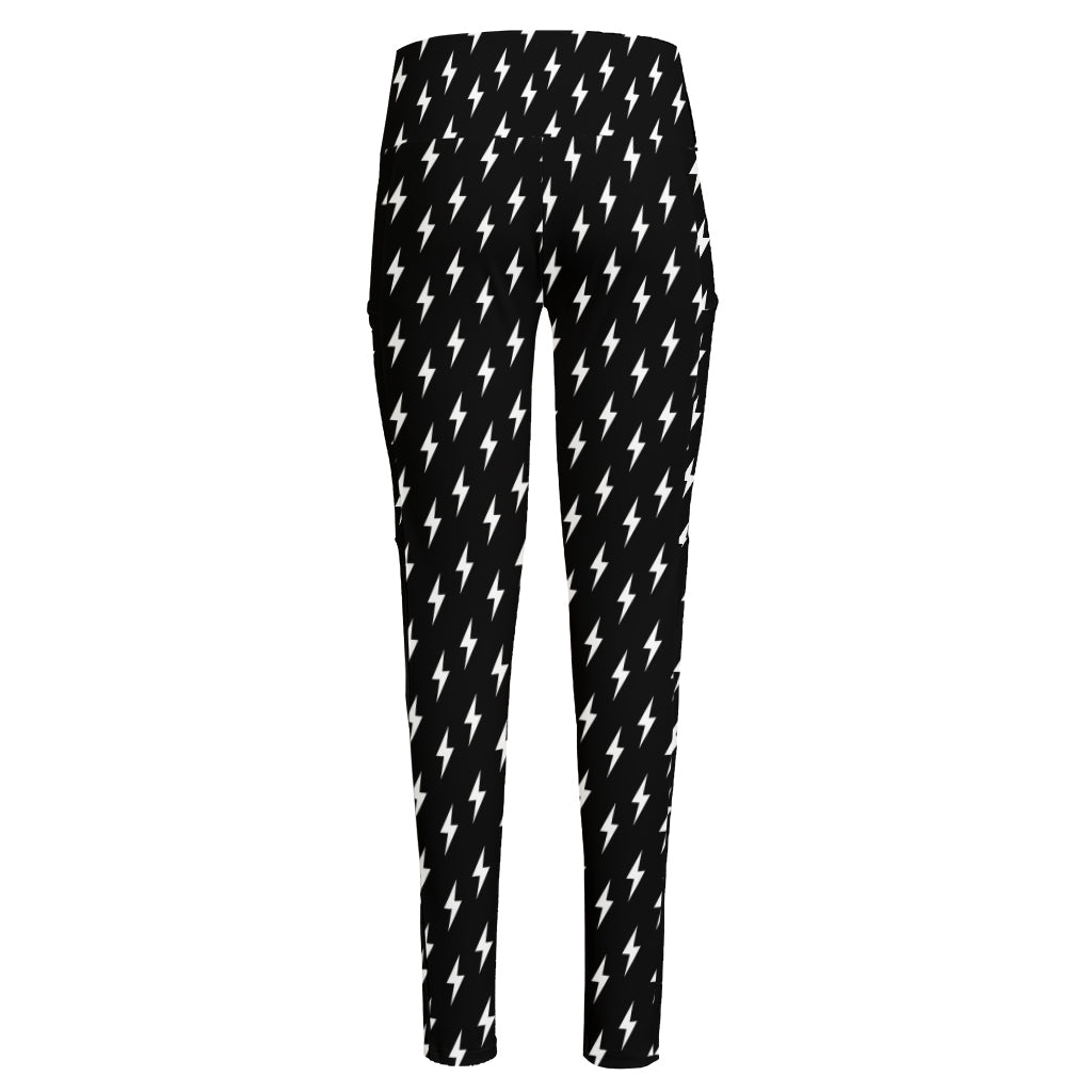 Black And White Lightning Pattern Print High-Waisted Pocket Leggings