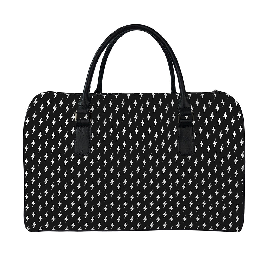 Black And White Lightning Pattern Print Leather Duffle Bag