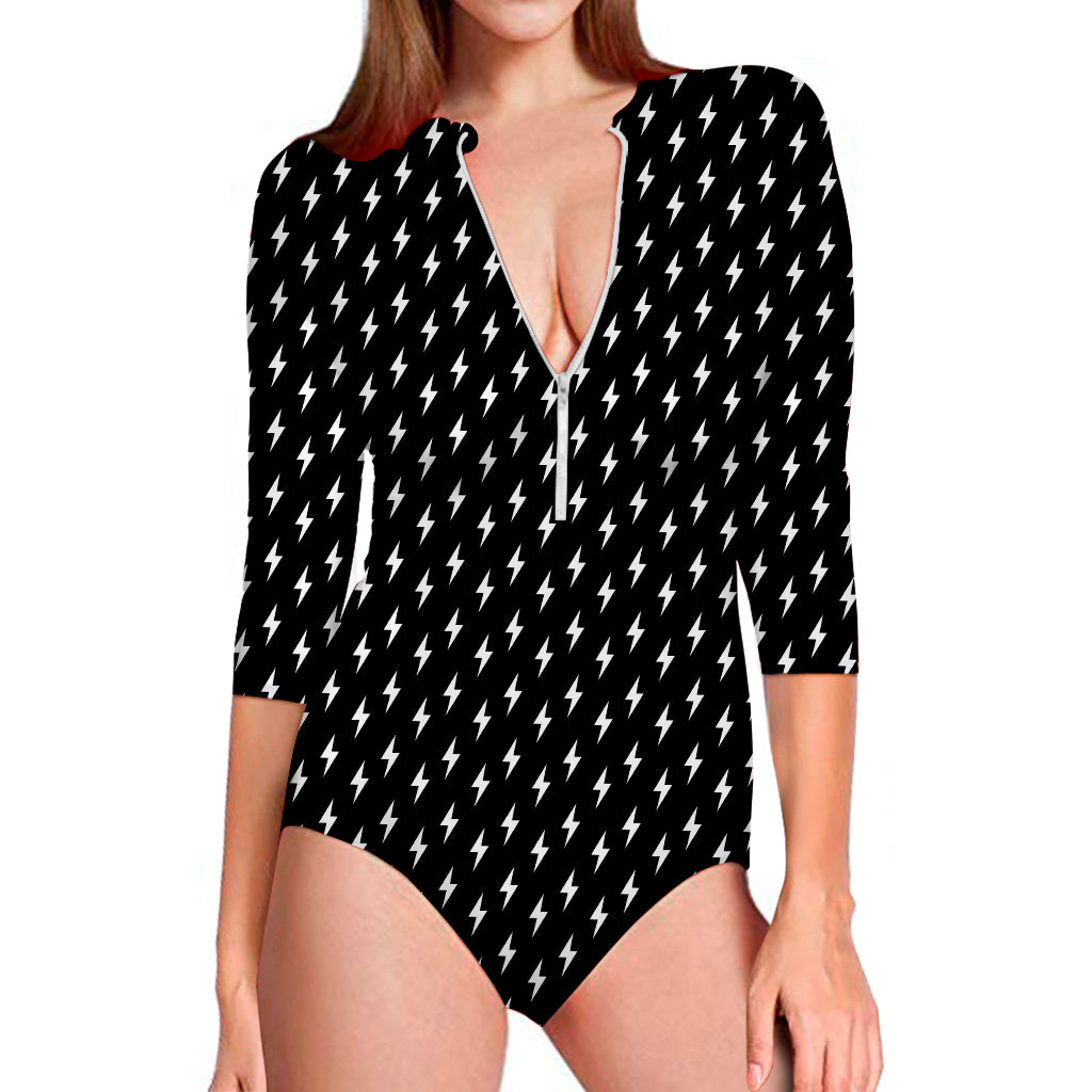 Black And White Lightning Pattern Print Long Sleeve Swimsuit