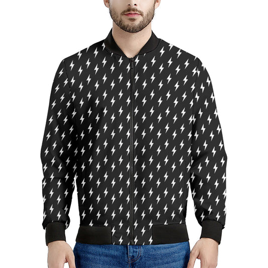 Black And White Lightning Pattern Print Men's Bomber Jacket