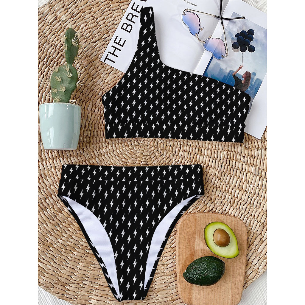 Black And White Lightning Pattern Print One Shoulder Bikini Top