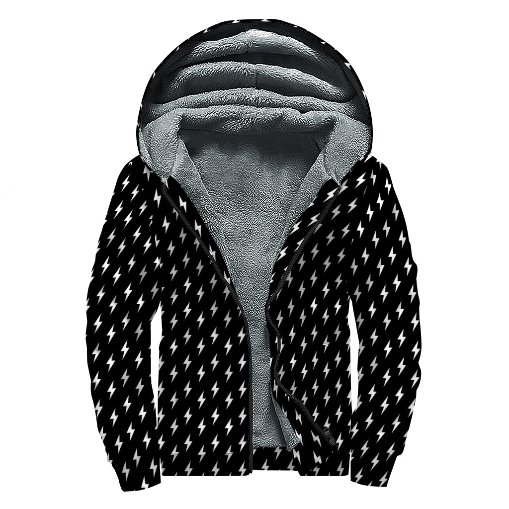 Black And White Lightning Pattern Print Sherpa Lined Zip Up Hoodie