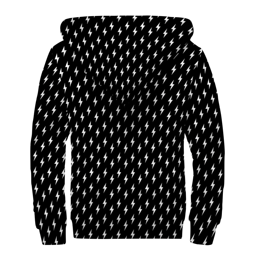Black And White Lightning Pattern Print Sherpa Lined Zip Up Hoodie