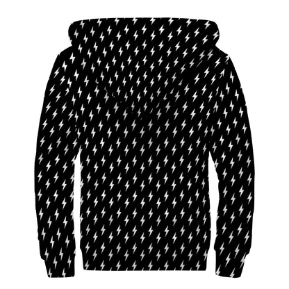 Black And White Lightning Pattern Print Sherpa Lined Zip Up Hoodie