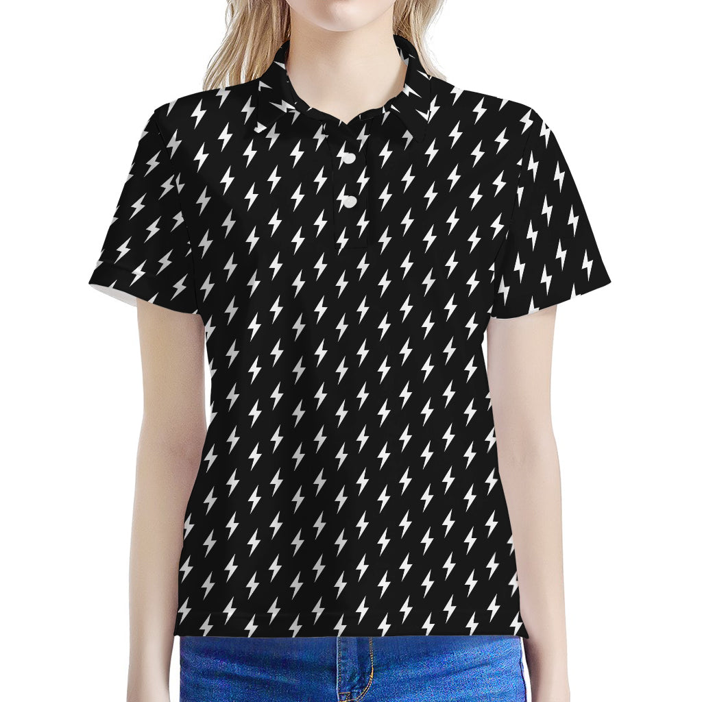 Black And White Lightning Pattern Print Women's Polo Shirt