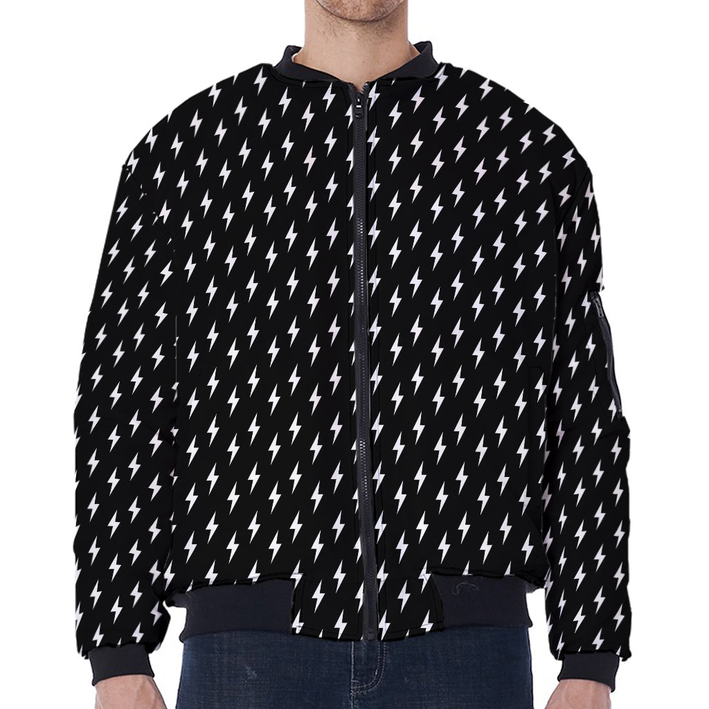 Black And White Lightning Pattern Print Zip Sleeve Bomber Jacket