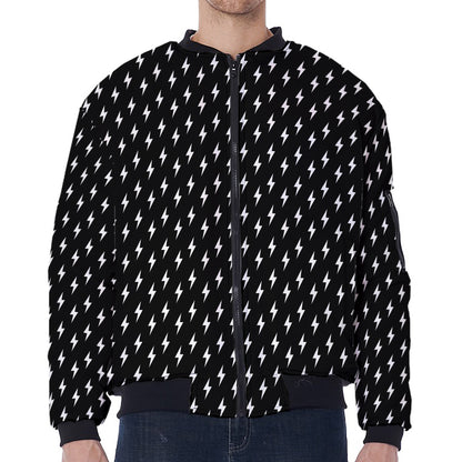 Black And White Lightning Pattern Print Zip Sleeve Bomber Jacket