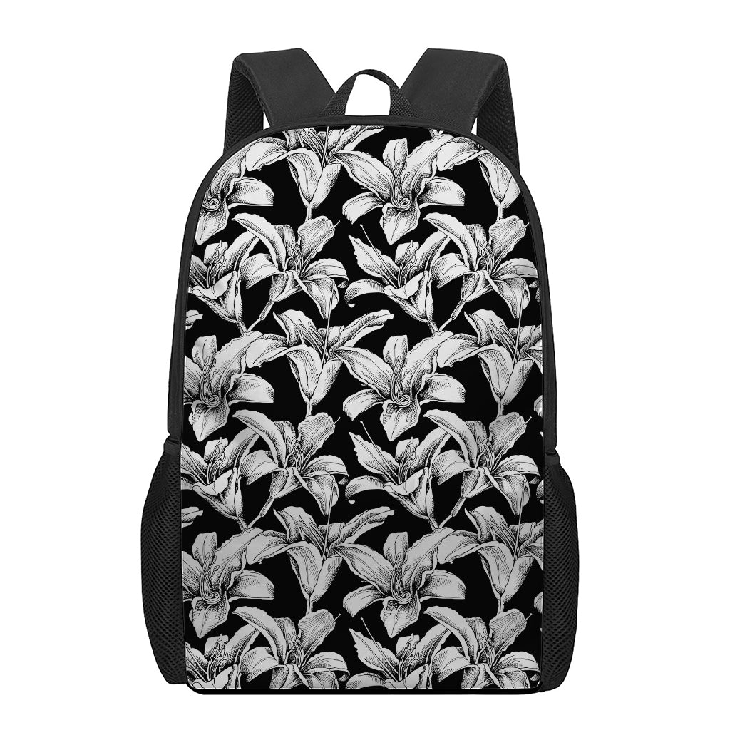 Black And White Lily Pattern Print 17 Inch Backpack
