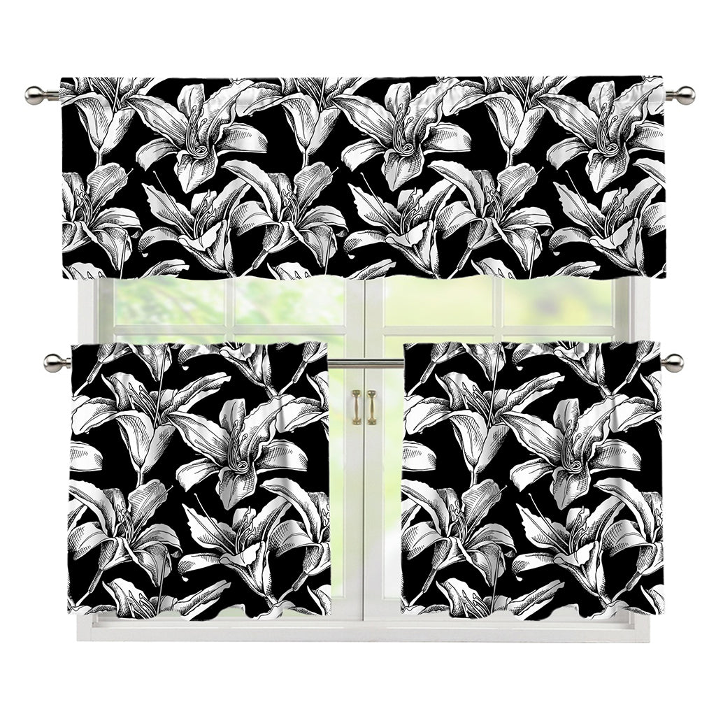 Black And White Lily Pattern Print 3 Piece Kitchen Curtains