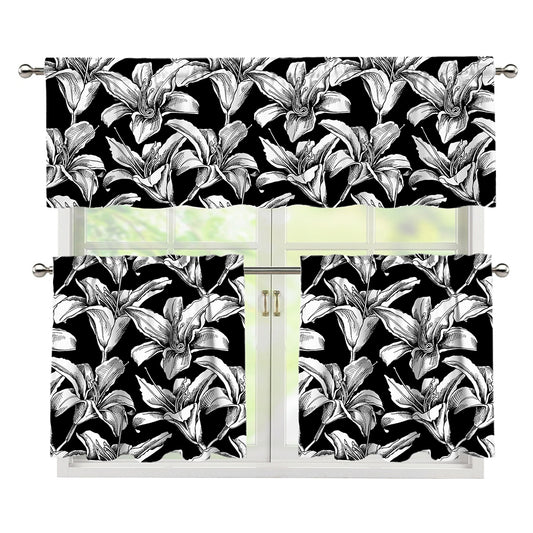 Black And White Lily Pattern Print 3 Piece Kitchen Curtains