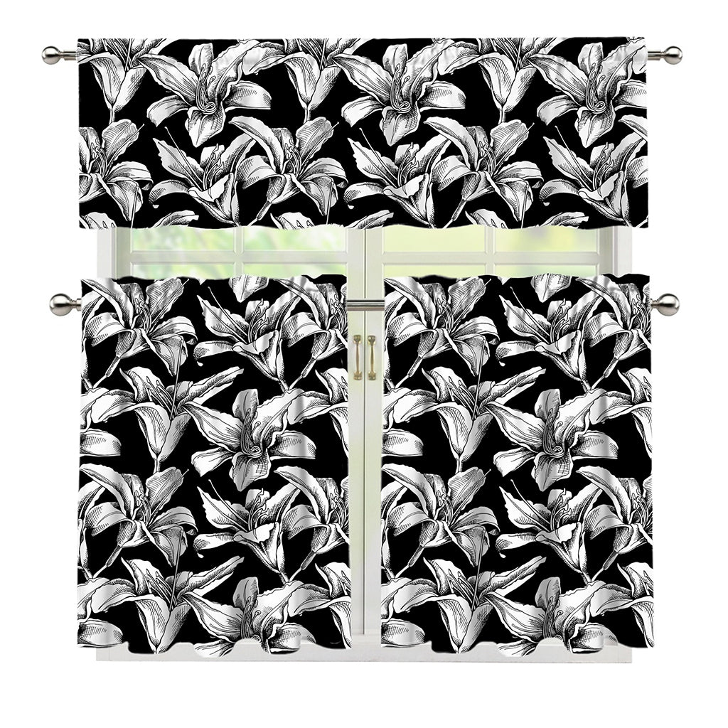 Black And White Lily Pattern Print 3 Piece Kitchen Curtains