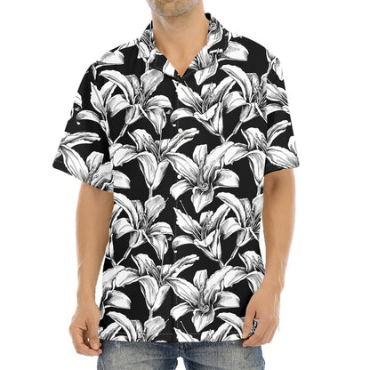 Black And White Lily Pattern Print Aloha Shirt
