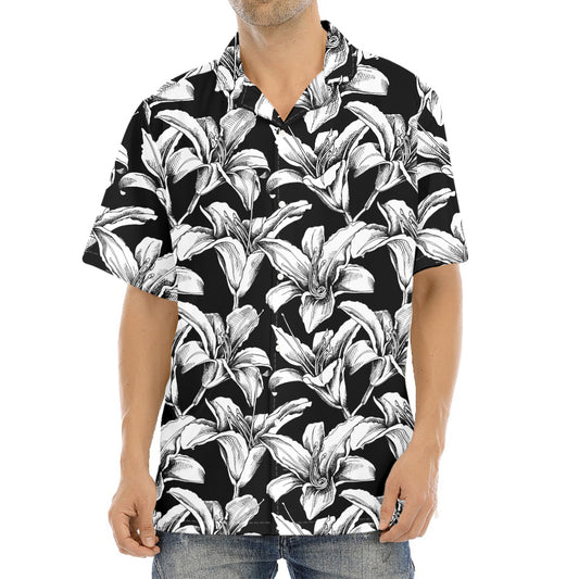 Black And White Lily Pattern Print Aloha Shirt