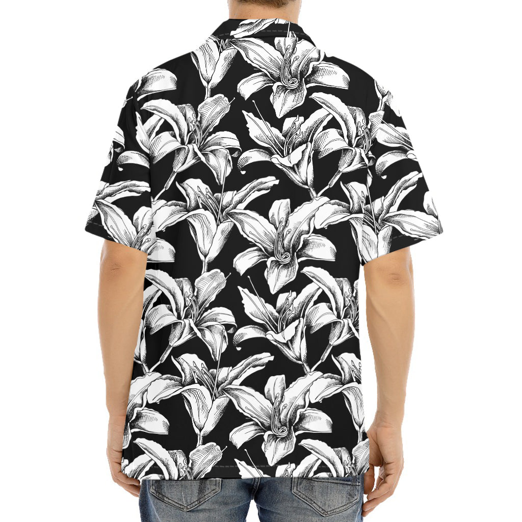 Black And White Lily Pattern Print Aloha Shirt