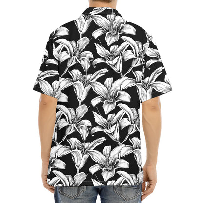 Black And White Lily Pattern Print Aloha Shirt