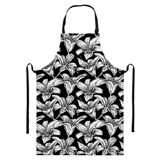Black And White Lily Pattern Print Bib Apron With Pocket