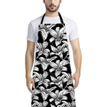 Black And White Lily Pattern Print Bib Apron With Pocket