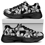 Black And White Lily Pattern Print Black Chunky Shoes