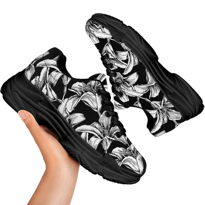 Black And White Lily Pattern Print Black Chunky Shoes