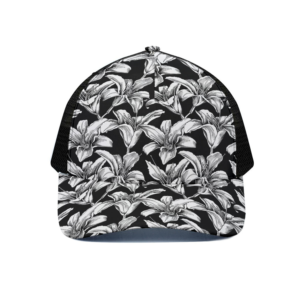 Black And White Lily Pattern Print Black Mesh Trucker Cap