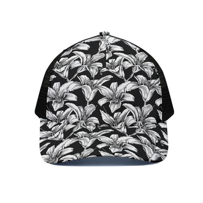 Black And White Lily Pattern Print Black Mesh Trucker Cap