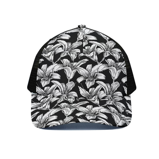 Black And White Lily Pattern Print Black Mesh Trucker Cap