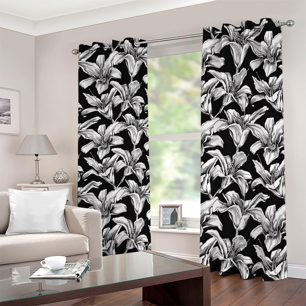 Black And White Lily Pattern Print Blackout Grommet Curtains