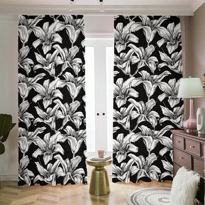 Black And White Lily Pattern Print Blackout Pencil Pleat Curtains