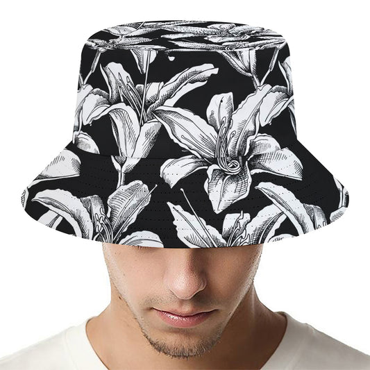 Black And White Lily Pattern Print Bucket Hat