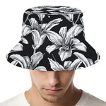 Black And White Lily Pattern Print Bucket Hat