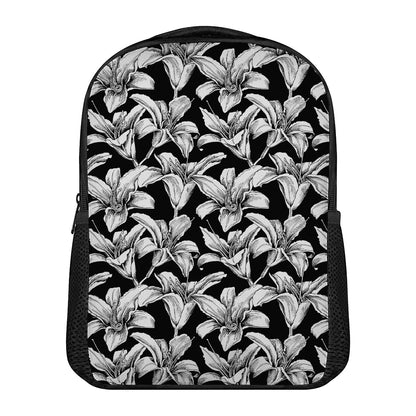 Black And White Lily Pattern Print Casual Backpack