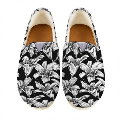 Black And White Lily Pattern Print Casual Shoes