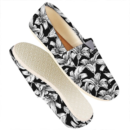 Black And White Lily Pattern Print Casual Shoes