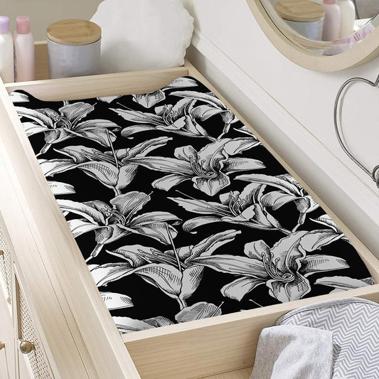 Black And White Lily Pattern Print Changing Pad Cover