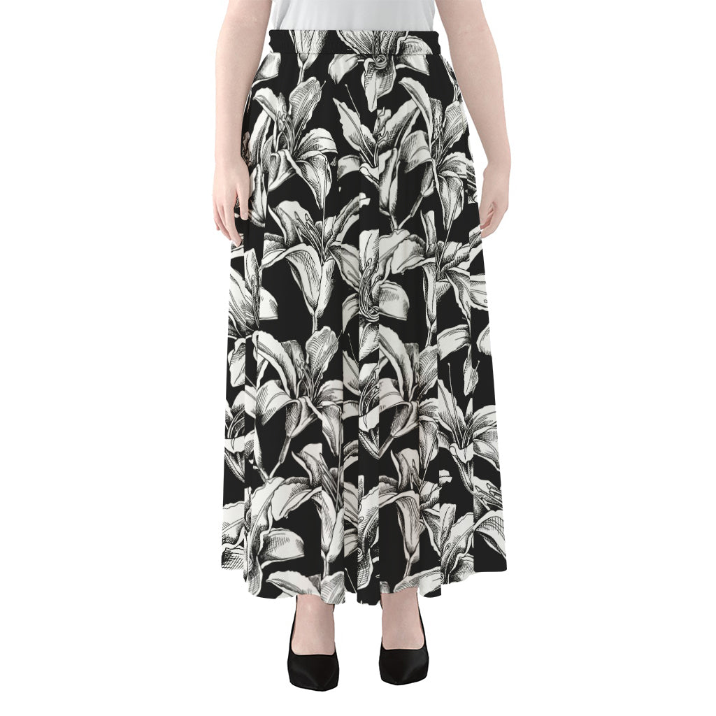 Black And White Lily Pattern Print Chiffon Maxi Skirt