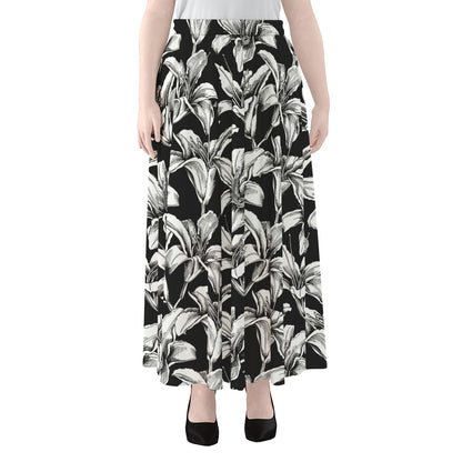 Black And White Lily Pattern Print Chiffon Maxi Skirt