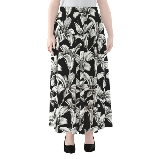 Black And White Lily Pattern Print Chiffon Maxi Skirt