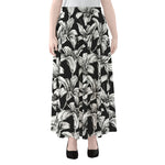 Black And White Lily Pattern Print Chiffon Maxi Skirt