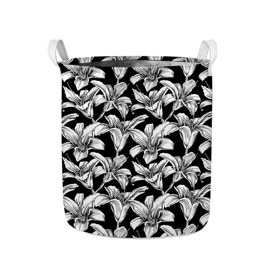 Black And White Lily Pattern Print Collapsible Laundry Basket