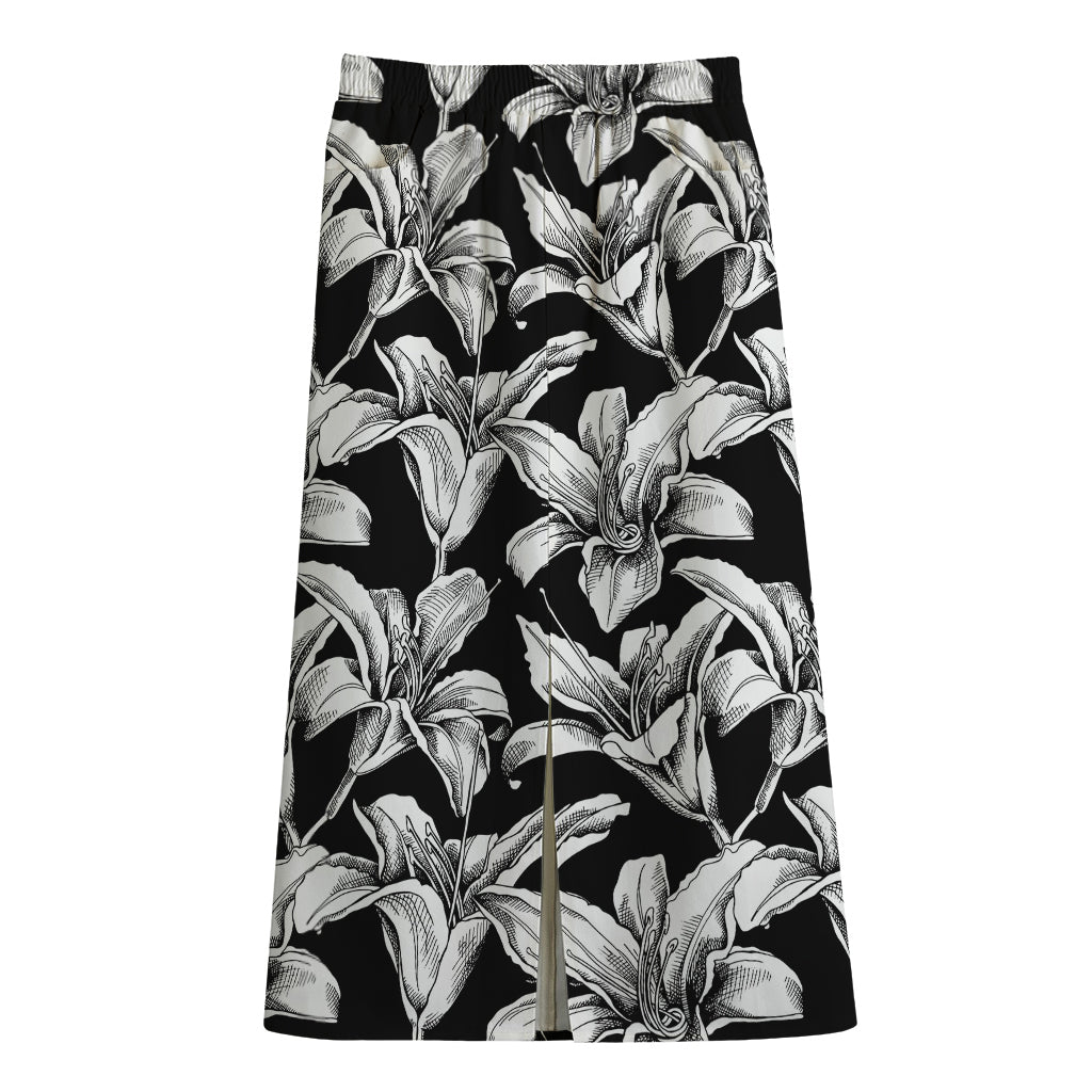 Black And White Lily Pattern Print Cotton Front Slit Maxi Skirt
